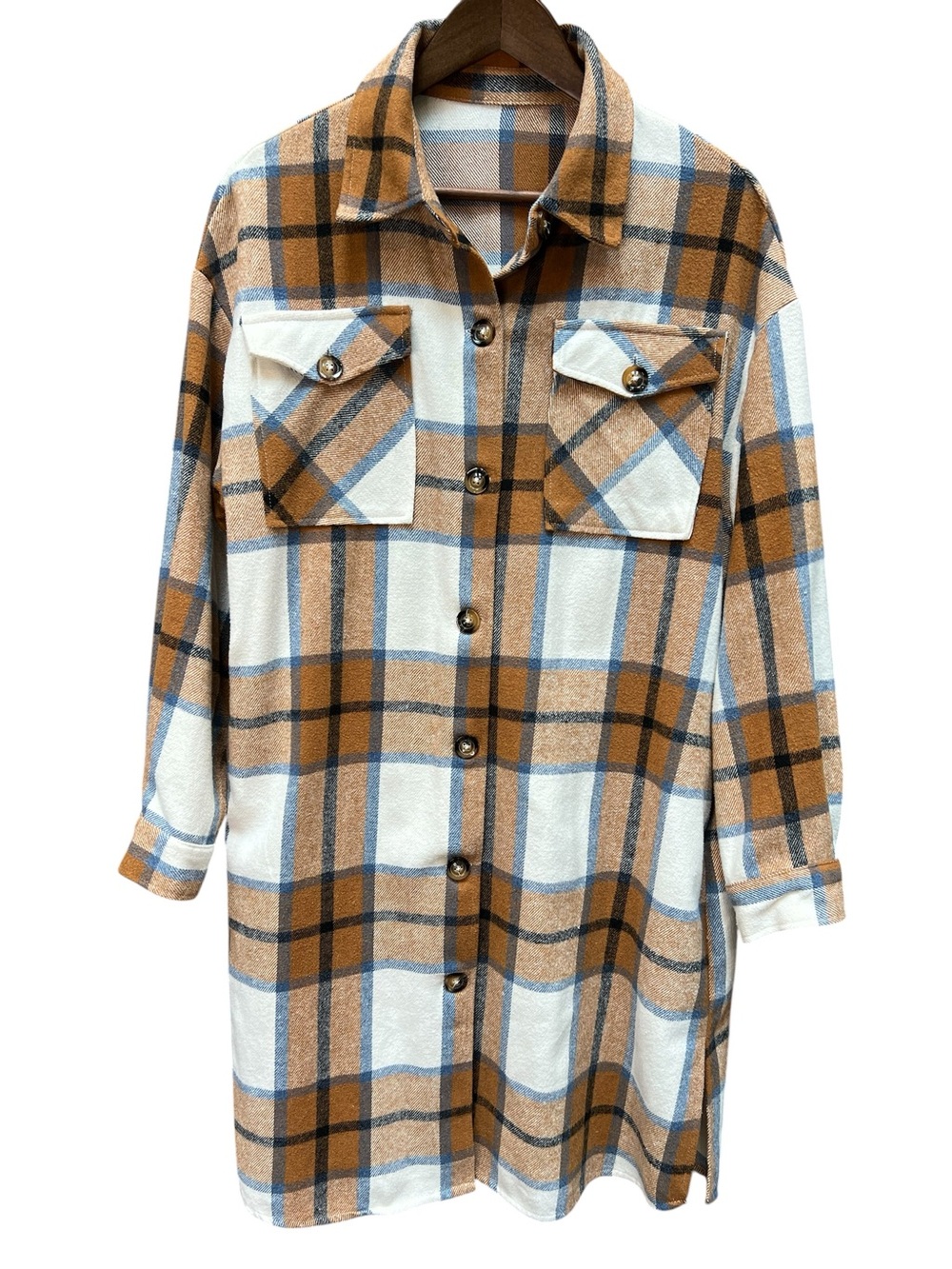 Women's Long Plaid Shacket in Tan, Cream and Blue